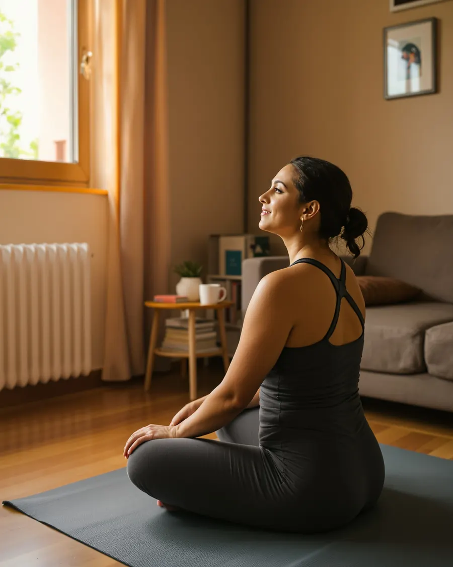 A woman on her mat in warm evening light, winding down for the night