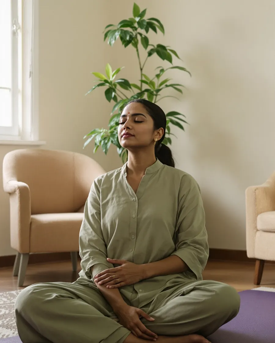 A woman sitting cross-legged at home, eyes closed, mid a calming breath